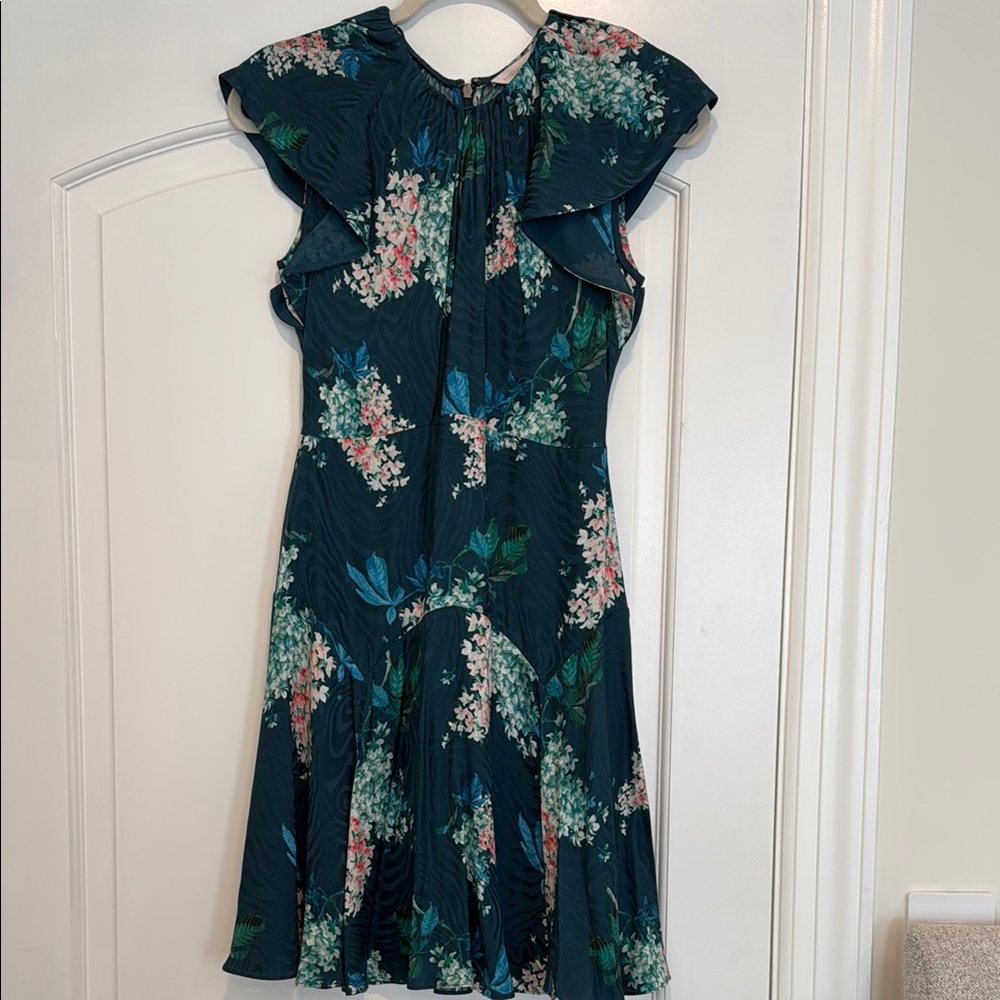 Rebecca Taylor Green Fit and Flare Mini Dress with Flutter Cap Sleeves